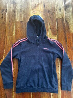 Adidas Stripe Hoodie - Navy with Pink Logo and Arm Stripes - S